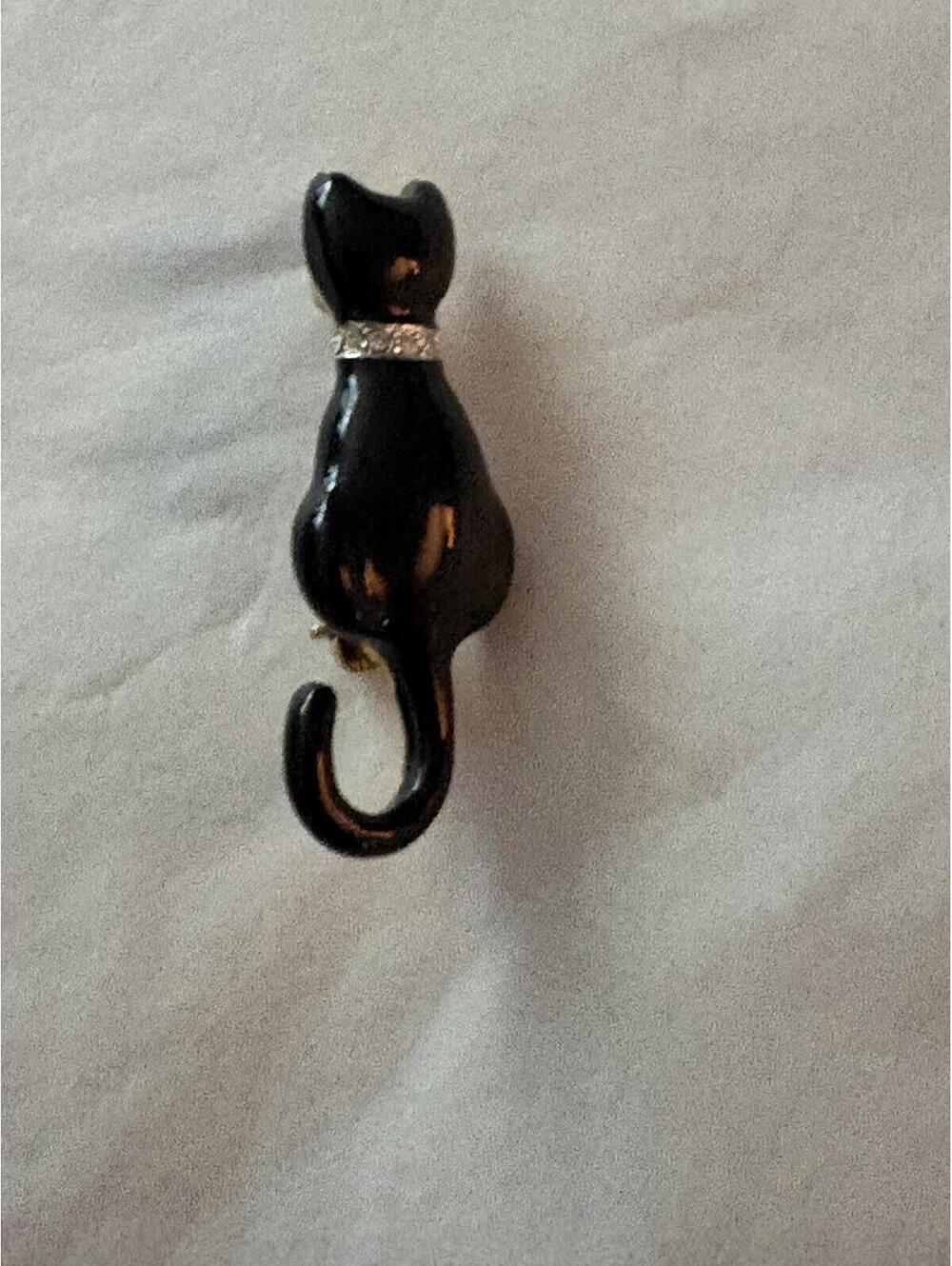 Vintage Black Cat Brooch with Rhinestone Collar